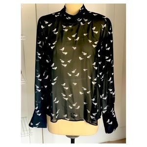 Black sheer bird print blouse